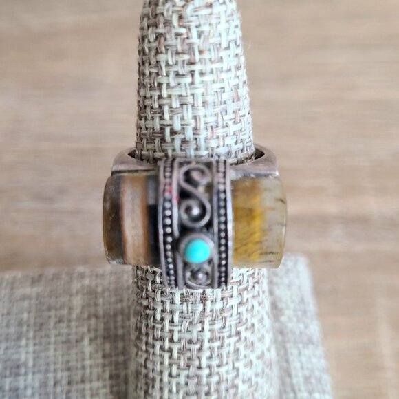 Sterling silver ring with Tiger eye stone and Turquoise. - Picture 6 of 10